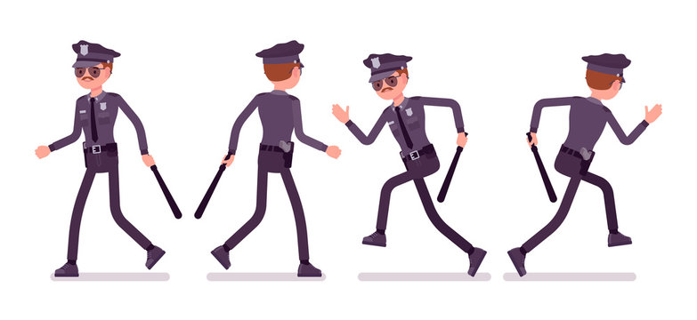 Young policeman walking and running