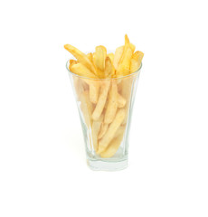 fried potato sliced as french fries in a glass isolated over white background