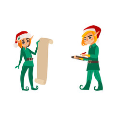 Two Christmas elves, Santa helpers, one holding present list, another with document folder, flat cartoon vector illustration isolated on white background. Flat cartoon Christmas elves, Santa helpers
