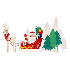vector flat cartoon santa claus in christmas stockings and hat sitting at decorated sleigh riding flying reindeer smiling. Holiday illustration isolated on a white background.