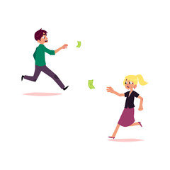Fototapeta na wymiar vector flat cartoon girl and boy running for money. Female, male Clerk, office worker woman, man in skirt chasing, trying to catch for dollar note. Isolated illustration on a white background.
