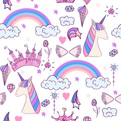 Magic cute unicorn with magic elements. Vector seamless pattern