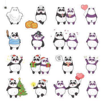 Set of cute panda character with different emotions, isolated on white background. Holidays set: Christmas, Halloween, Saint Valentine's Day.
