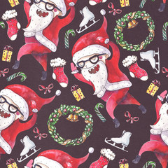 large raster seamless pattern with dancing santa, christmas wreath and holiday accessories drawn with watercolor on black paper