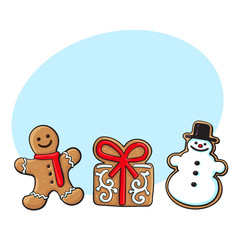 Glazed gingerman, snowman present box Christmas gingerbread cookies, sketch vector illustration isolated on white background with speech bubble