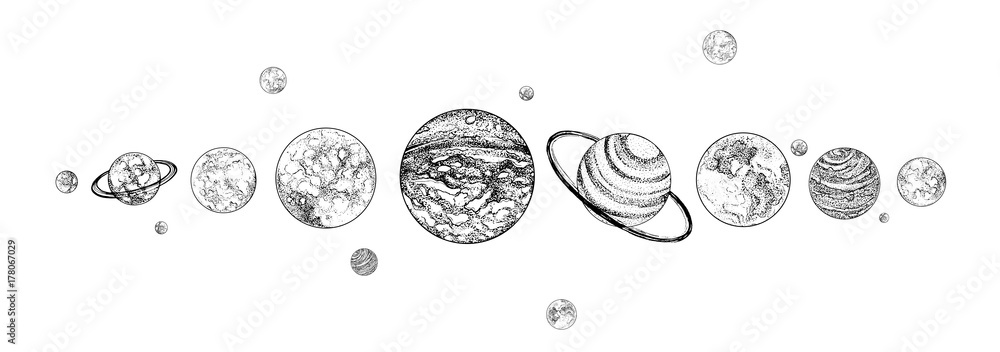 Wall mural planets lined up in row. solar system drawn in monochrome colors. gravitationally bound celestial bo