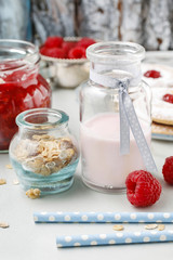 Bottle of raspberry yogurt.