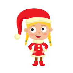 Cute little Christmas girl elf smiling, vector illustration isolated on white used for magazine or book, poster and card, web pages