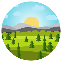 Vector landscape with field and trees and mountains in circle. Early morning with the rising of the sun on the horizon. Vector illustration.
