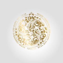Happy new year card with a golden toy from various flower swirls over gray background. Vector illustration.