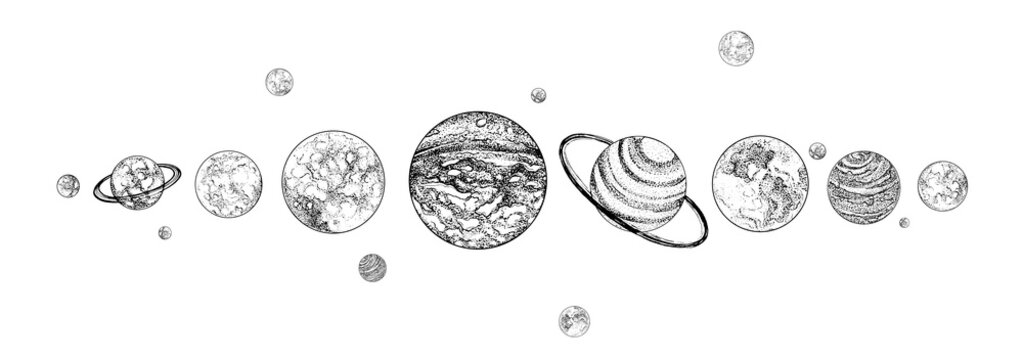 Planets lined up in row. Solar system drawn in monochrome colors. Gravitationally bound celestial bodies in outer space. Natural cosmic objects arranged in horizontal line. Vector illustration.