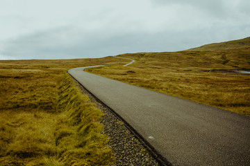 Long paved road running among field