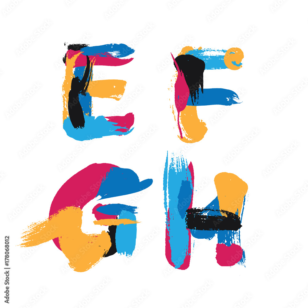 Poster hand drawn with ink brush strokes alphabet letters e, f, g and h. bright watercolor blobs and imprin