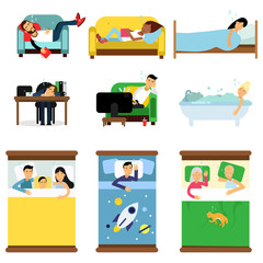 People sleeping at home, at work set, men and women sleeping in bed, sofa with kids, pets, together cartoon vector illustrations