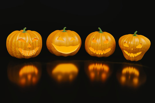 Four scary halloween pumpkins with reflection on the black background