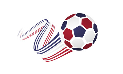 USA soccer ball isolated on white background with winding ribbons on blue, white and red colors