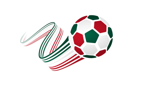 Mexican soccer ball isolated on white background with winding ribbons on green, white and red colors