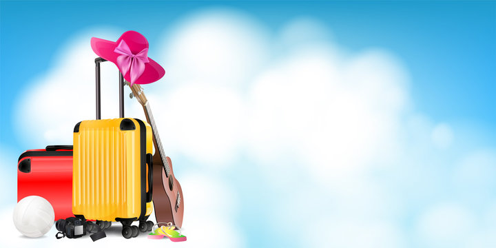 Travel concept. card background. Bags, ukulele, hat, sandal, volleyball and camera on sky background. vector and illustration.