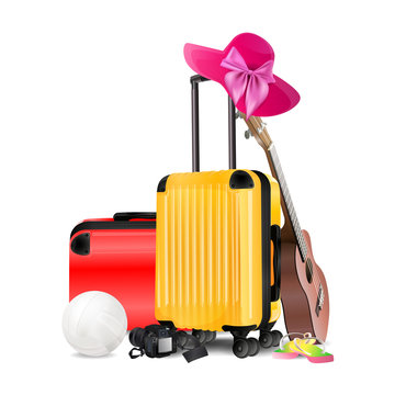 Travel concept. card background. Bags, ukulele, hat, sandal, volleyball and camera isolated on white background. vector and illustration.