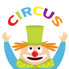 Clown juggler face head looking up. Circus text . Eyes, red nose, mouth smile, orange hair, hands. Magician hat. Cute cartoon funny baby character. Flat design. White background. Isolated.