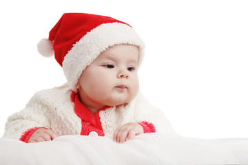 Beautiful girl in Christmas costume with Christmas balls toys. In Studio on white background isolated