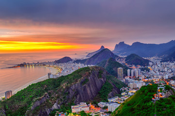 Sunset view of Copacabana, Corcovado and Botafogo in Rio de Janeiro. Brazil