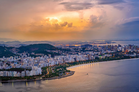 Sunset view of Copacabana, Corcovado and Botafogo in Rio de Janeiro. Brazil