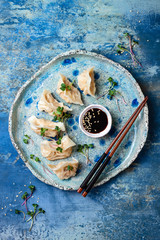 Obraz na płótnie Canvas Asian dumplings with soy sauce, sesame seeds and microgreens. Traditional chinese dim sum dumplings. Copy space, flat lay