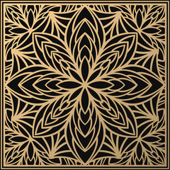 Vector golden ornament. Square vintage card for design. Premium background in luxury style. Floral tile. Suitable for laser cutting.