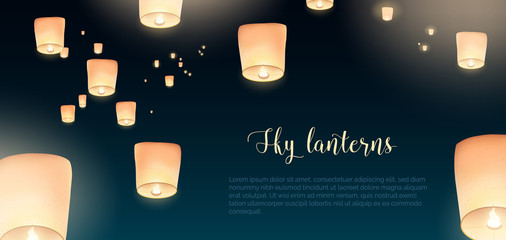 Gorgeous horizontal banner with glowing Kongming flying lanterns floating in evening sky and place for text. Background with national Chinese holiday airborne decorations. Colored vector illustration. © Good Studio