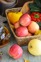 Apples on wood background
