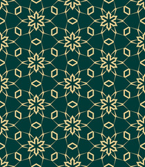 Seamless pattern islamic design. Green and golden textile print. Vector eastern background. Hexagonal grid.