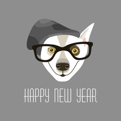 monochrome dog in hat and glasses New Year's greetings emblem postcard design