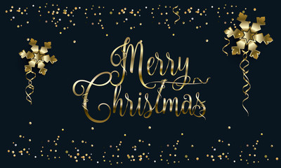 Vector Merry Christmas lettering greeting card decorated with gold shiny snowflakes, sparkles and glitter confetti, luxury frame. Festive Winter decoration.