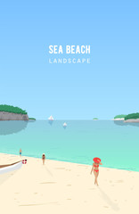 Seascape with people walking on sand beach and sail boats floating in azure sea. Seaside landscape with ocean coast and yachts on horizon. Summer vacation, tropical resort. Vector illustration.