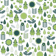 Seamless patern with chicken and flowers