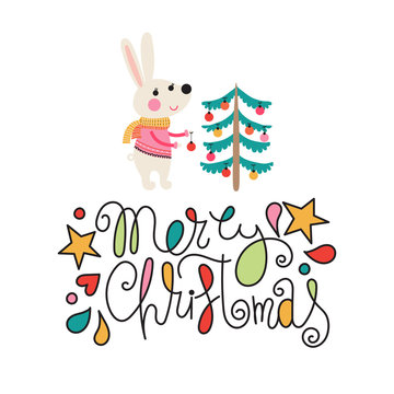 Christmas card with rabbit and tree