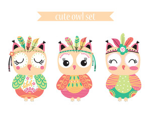 3 cute owl with feathers