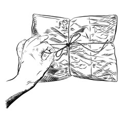Concept of surprise, woman hand opening a wrapped package with gift. Vector.