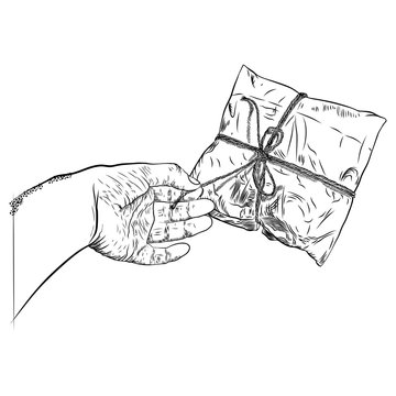 Concept of surprise, woman hand opening a wrapped package with gift. Vector.