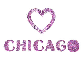 Love Chicago, heart and city name of purple glitter isolated on white background