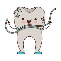 cartoon tooth with dental floss around in colorful silhouette