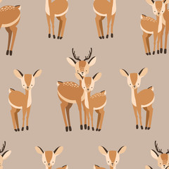 Beautiful seamless pattern with adult and baby deers on brown background. Backdrop with cute and funny cartoon forest animals. Vector illustration for textile print, wallpaper, wrapping paper.