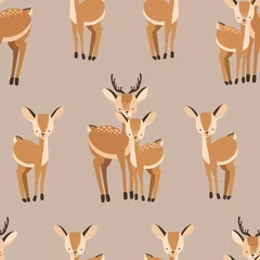Wall murals Little deer Beautiful seamless pattern with adult and baby deers on brown background. Backdrop with cute and funny cartoon forest animals. Vector illustration for textile print, wallpaper, wrapping paper.