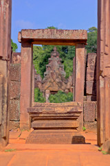 Banteay Srei temple Khmer architecture in siem reap .Banteay Srei is one of the most popular ancient temples in Siem Reap, Banteay Srei, known for its beautiful carvings on  pink sandstone Cambodia.