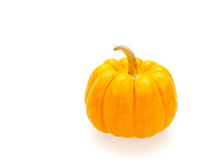 One orange pumpkin isolated on white background show colorful pattern and scale used in Halloween, still life, kitchen, and comparison themes