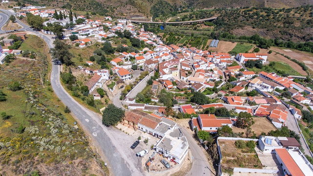 Aerial. Odeleyte village on a dam reservoir. Portugal, Algarve