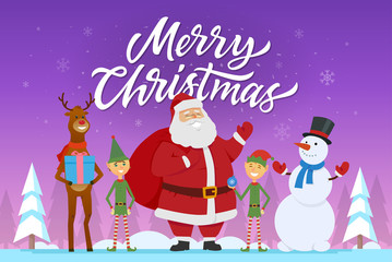 Merry Christmas - cartoon characters illustration with Santa, elves, raindeer, snowman