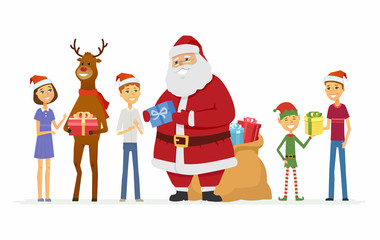 Happy Santa Claus, reindeer and children - cartoon characters isolated illustration