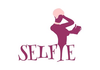 Taking Selfie Photo on Smart Phone Concept Lettering. Woman with Telephone